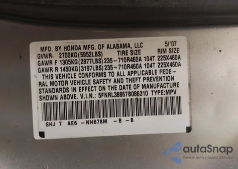 2007 Honda Odyssey Touring from USA, damaged, VIN 5FNRL38867B086310
